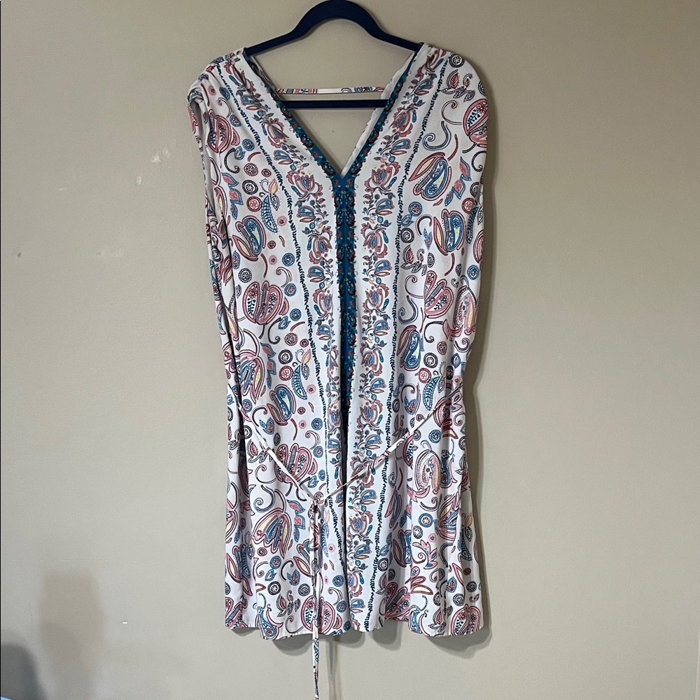 LOFT White Paisley Mini Dress with Blue and Coral Accents